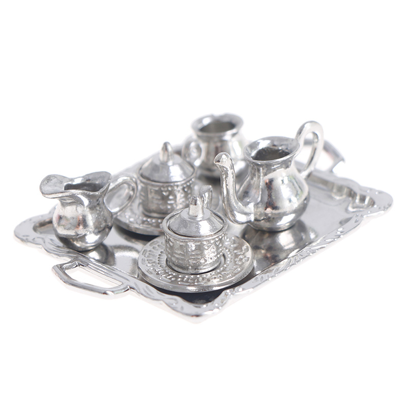 TEMU Collectible Figurines, 1set Miniature Silvery Metal Tea Coffee Tray Tableware Set | Alloy Steel, Desktop Ornaments, Home Decor Miniature Decoration Model