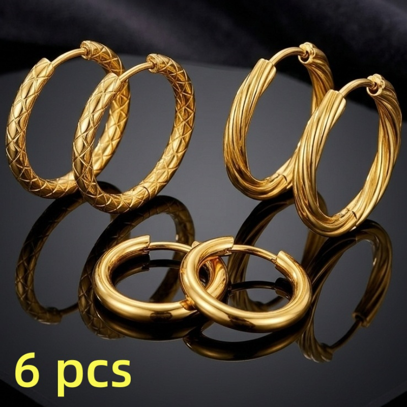 TEMU Conjunto de 6 aretes elegantes de acero inoxidable dorado, aretes de aro lisos, juego de joyería para mujer, material de acero inoxidable,