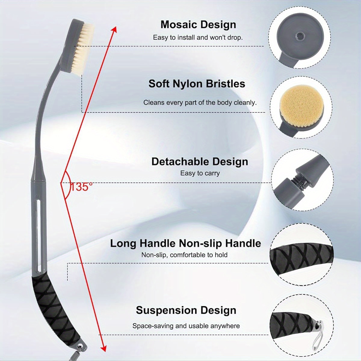 20 5 long handled back scrubber for shower deep cleaning bath brush with   non   soft brush heads for men women grey shower cleaning accessory ergonomic bath brush durable shower brush Product details 1