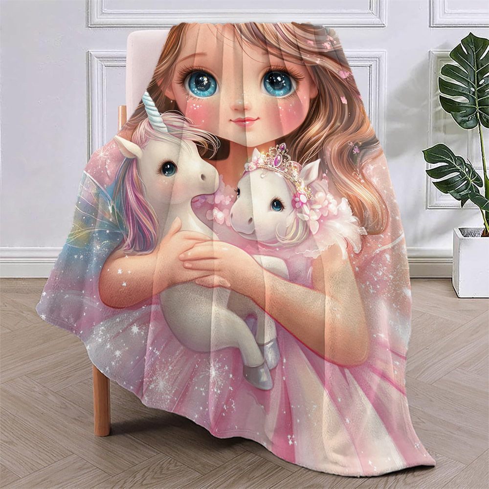 contemporary flannel throw blanket with   girl and   unicorns print hypoallergenic   multipurpose   polyester bedding with ideal for bed sofa camping for gifting details 8