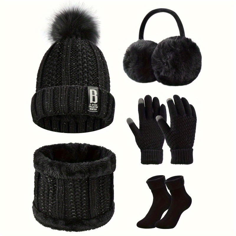 TEMU Conjunto de punto de invierno, gorro de punto con , de cuello forrada de polar, guantes para pantalla táctil, orejeras de felpa y calcetines