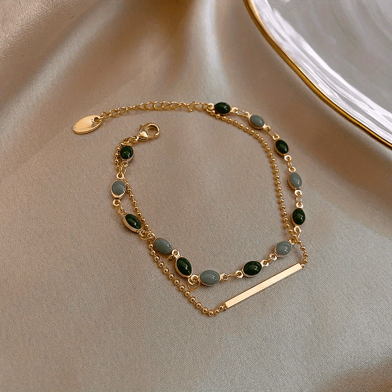 

1pc Elegant Double-layered 18k Gold-plated Bracelet With Green Turquoise Beads & Chic Rectangular Bar - Sophisticated Jewelry Gift For Casual Attire & , Jewelry|twolayer Bracelet|goldplated Copper