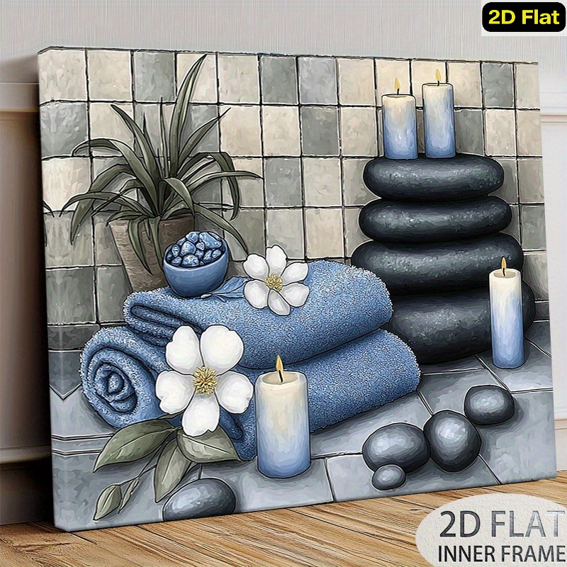 2d flat 1pc modern minimalist spa themed wooden frame canvas wall art   blue suitable for bathroom or wrapped canvas frame with hook installation soothing blue tones towel candle     gift
