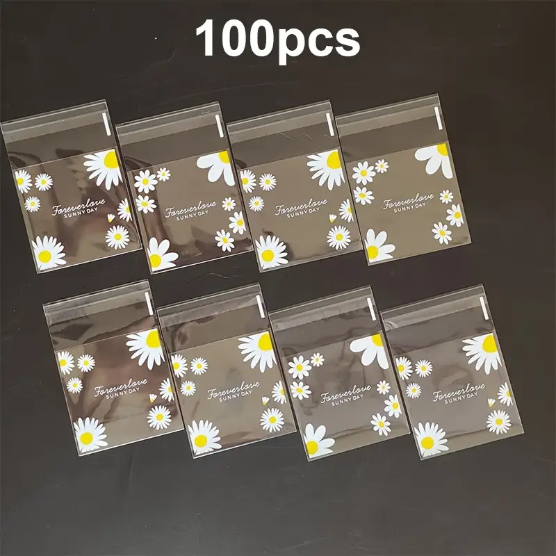 TEMU 100 Stück Geschenktüten mit Gänseblümchen-Print, transparente, selbstklebende, kleine Verpackungsbeutel, geeignet für Hochzeitsgeschenke,
