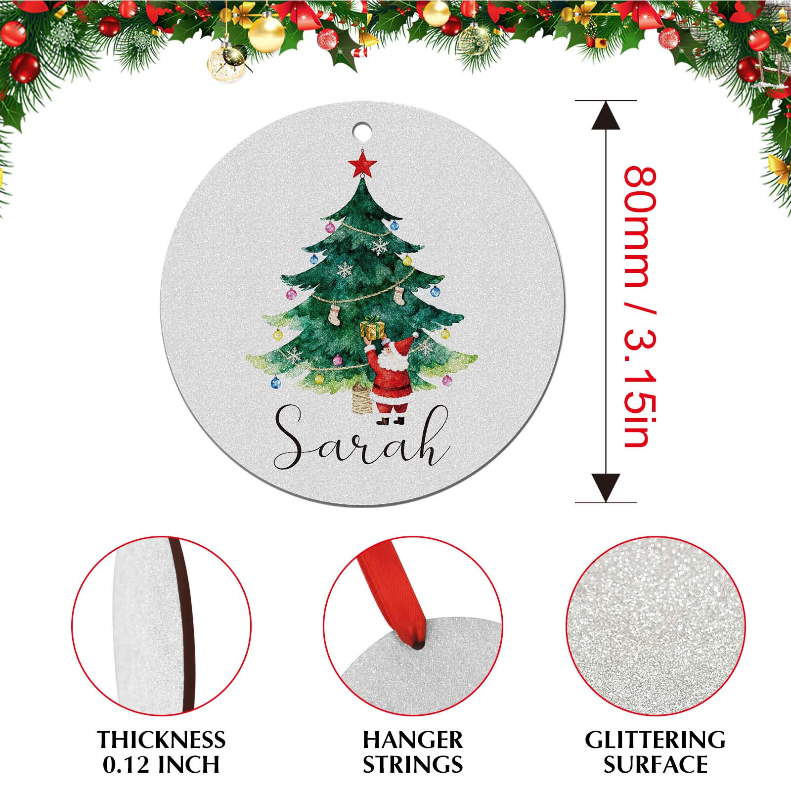 TEMU 2D Plat, 1 Pièce Ornement Décoratif de Noël Personnalisé, Pendentif pour Arbre , 2D Rond Argenté à Utilisation Intérieure Multi-Scènes avec Nom
