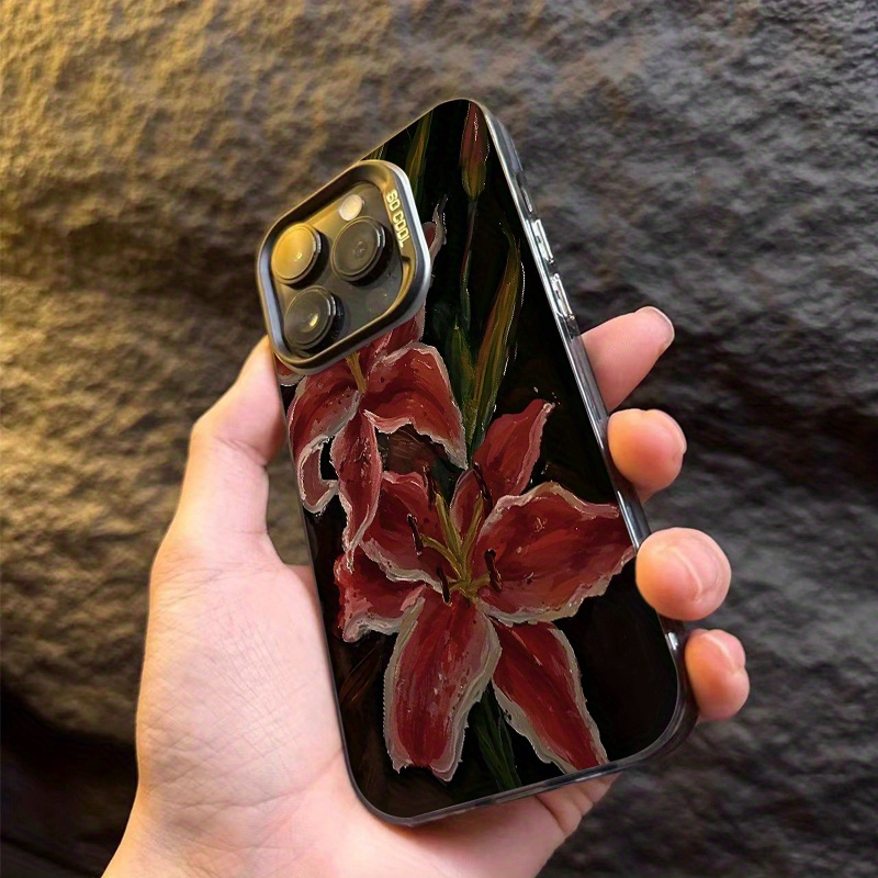 Oil Painting Lily Retro Pattern Durable Anti-Drop Stylish Silvery Phone Case for iPhone 16, 15, 14, 12, 11, X, XR, XS, 8, 7, Plus Pro Max Series