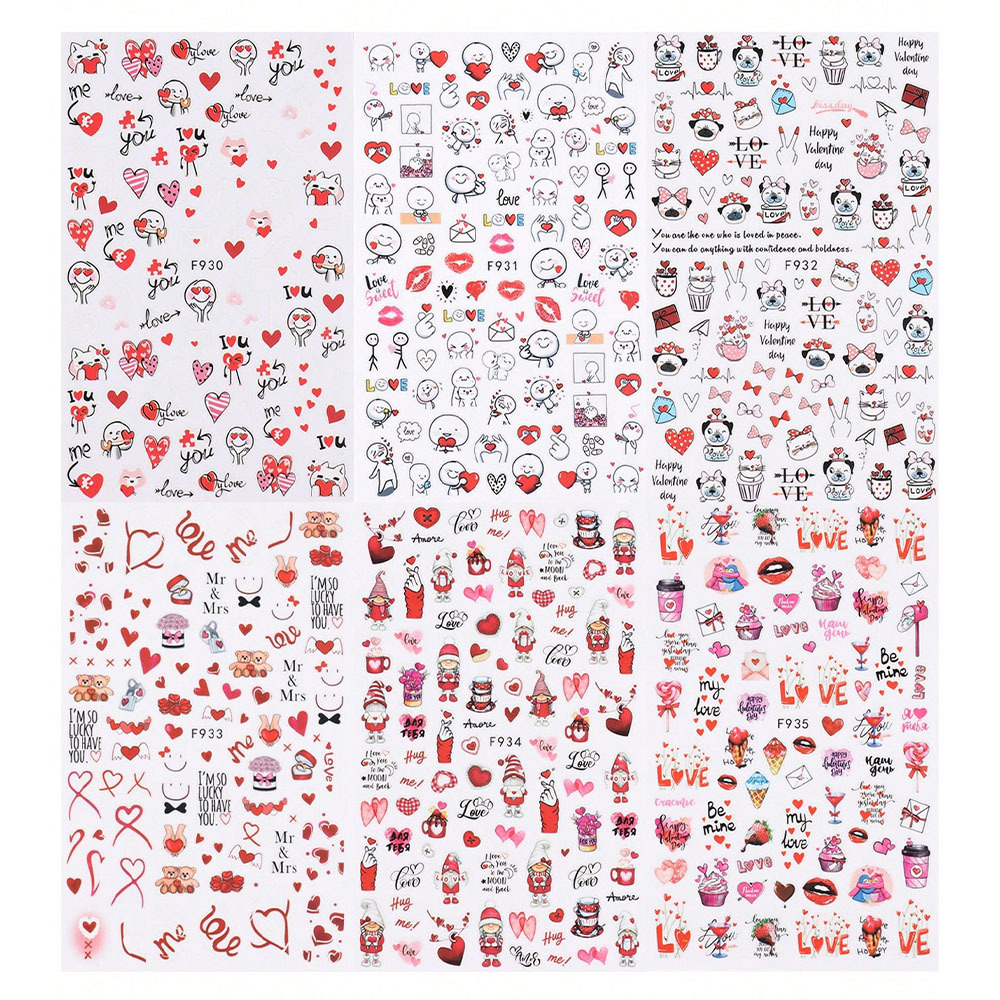 Image of 6pcs Valentine's Day Cartoon Nail Stickers, Cute Line Heart Bear Self-adhesive Stickers, Red , Diy Nail Stickers, Nail Decorations, Women's And Wedding Valentine's Day
