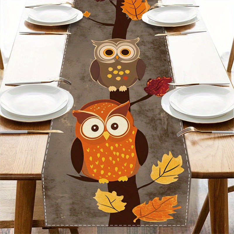 TEMU 1pc Autumn Owl & Maple Leaf Table Runner - Cute Cartoon With Fall Foliage Design, Durable Polyester Kitchen Dining Decor, Thanksgiving Halloween