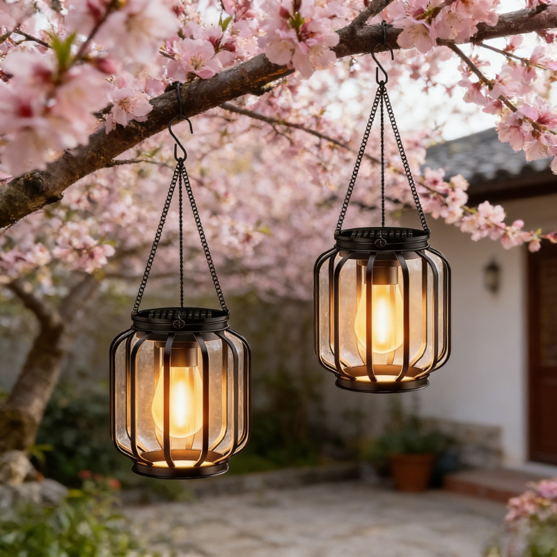 E-shop Zweiteiliges Solar-Außenleuchten-Set mit warmem Licht, IP65, Haken-Design für flexible Installation, inklusive Batterie, kann an Gartenästen,