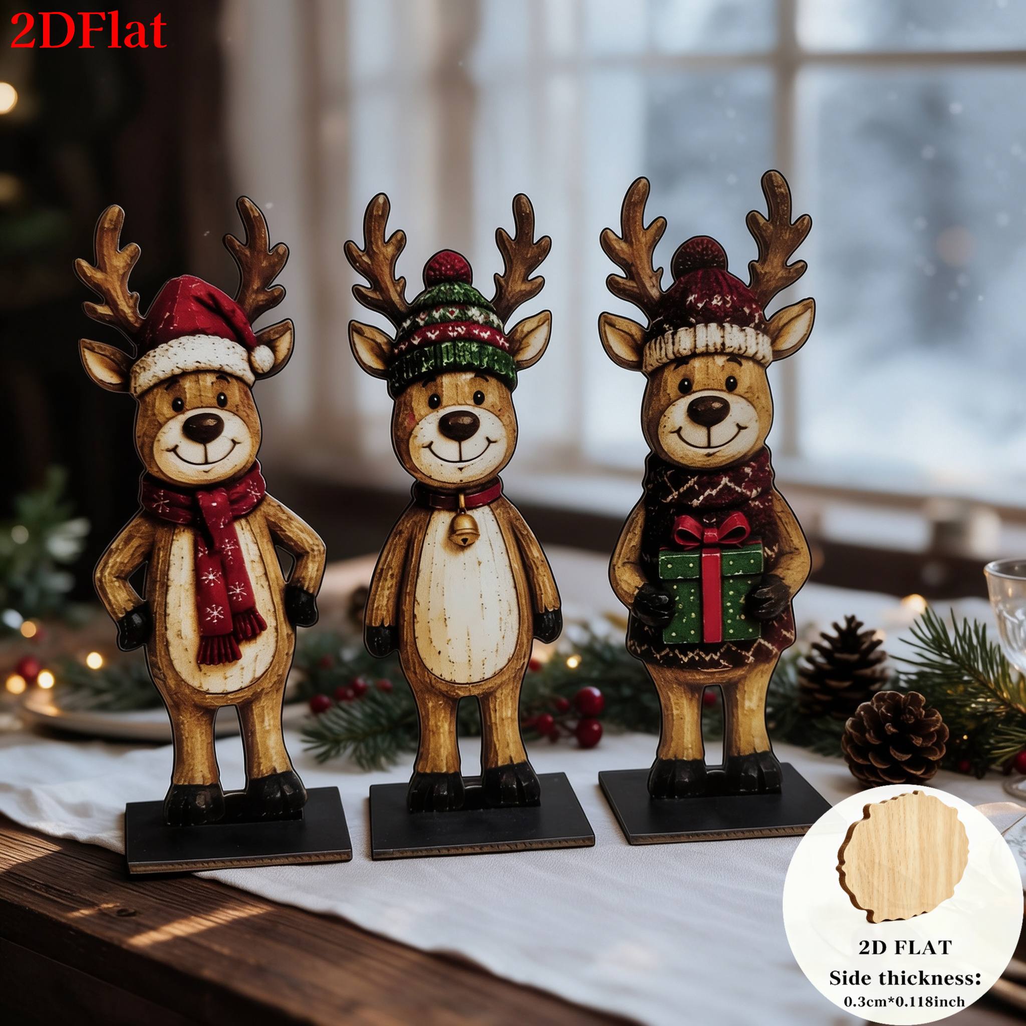 TEMU 2d Flat, 3pcs Christmas Reindeer Desktop Ornament Set. Ornaments Are Suitable For A Wide Range Of Settings, And On Solid Wood Dining Tables,