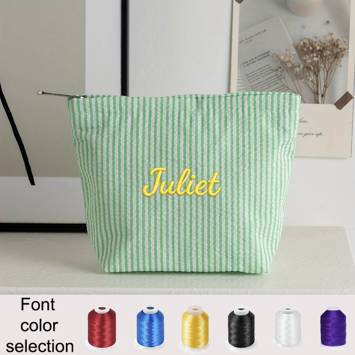 TEMU Custom Embroidered Textous Gauze Makeup Bag, Handheld Cosmetic Pouch, Women' Portable Toiletry Bag, Striped Storage Bag, Premium Striped Style,