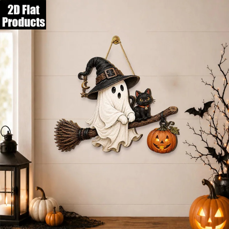 TEMU 2d Flat, 1pc Broom Ghost Door Decor, Halloween Cute Ghost Black Cat Pumpkin Front Door Wall Decoration, - Horror Gothic Style, No Electricity