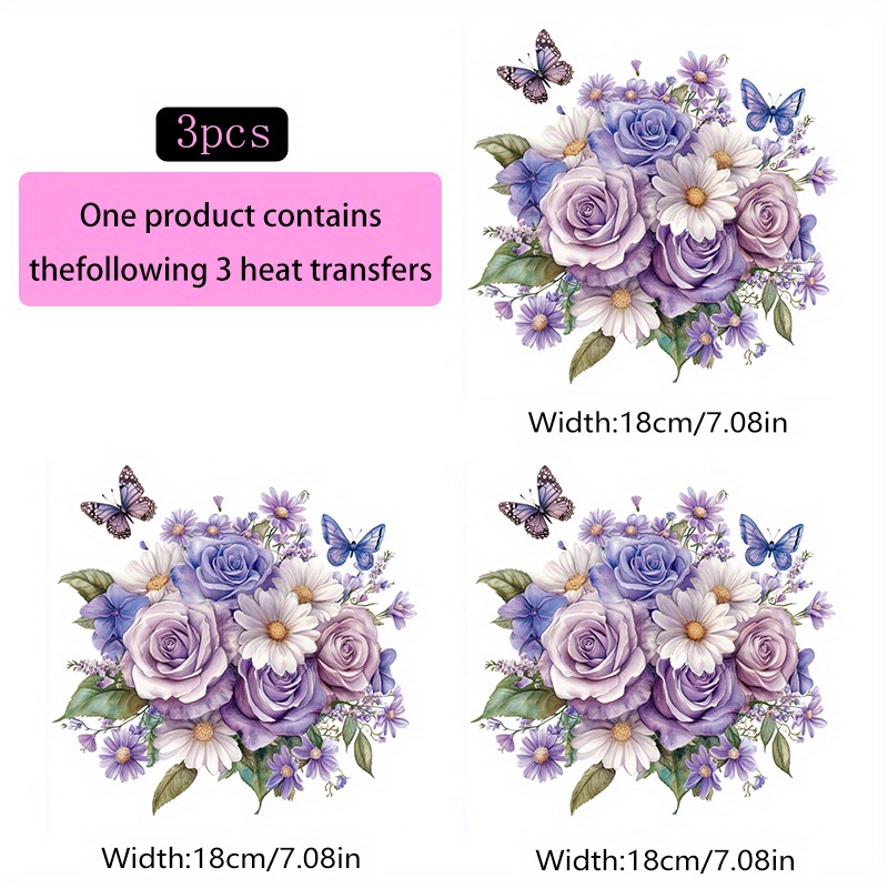 TEMU 3pcs Pink-purple Flowers And Butterflies Pattern Heat Transfer Iron-on Diy Fashion T-shirt Printing Patches - High--proof Vinyl Decorative