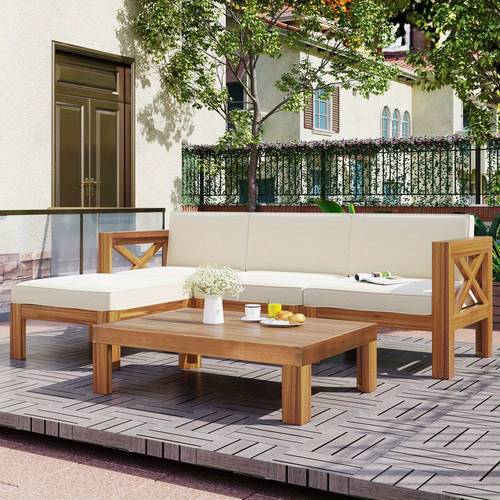 outdoor backyard patio wood 5pcs sectional sofa seating group set with cushions natural beige cushions
