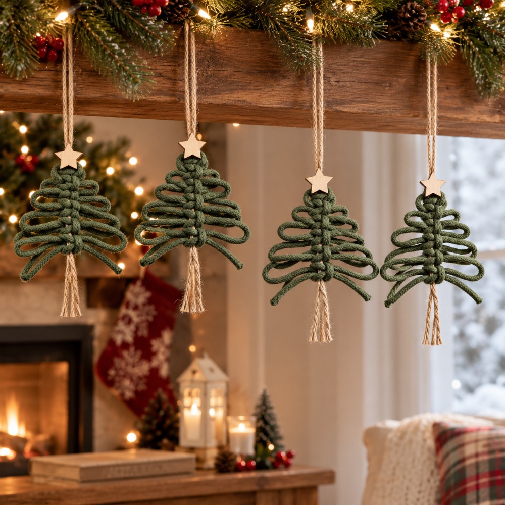 TEMU 4 pezzi di ornamenti per albero di Natale in macram癡, decorazioni da appendere all'albero di Natale in intrecciata a con stella di legno,