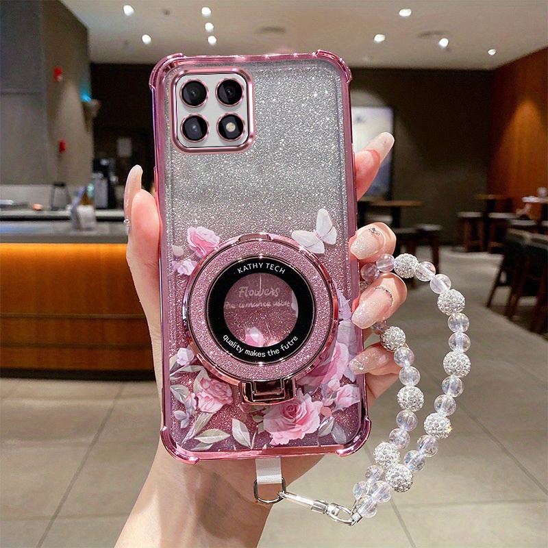 TEMU Coque de téléphone : Coque de téléphone compatible avec Honor 200 , avec motif floral, dragonne à chaîne, fonctions antichoc et support