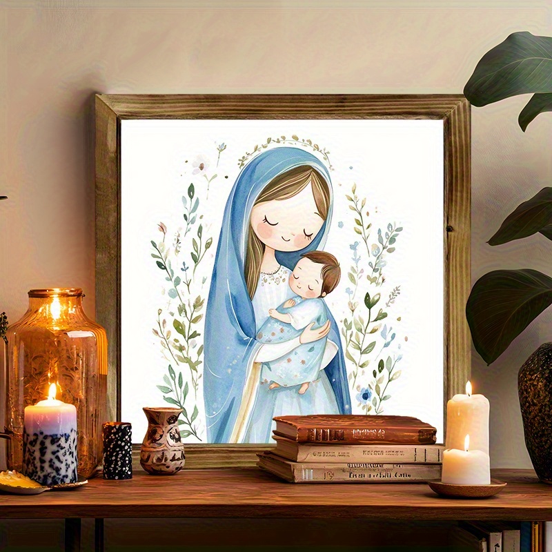 TEMU Adorno de madera 2D, Niño Jesús con en acuarela azul, Navidad, Navidad, Día de , Día de San Valentín, Día de , Impresión en , Para colgar en la