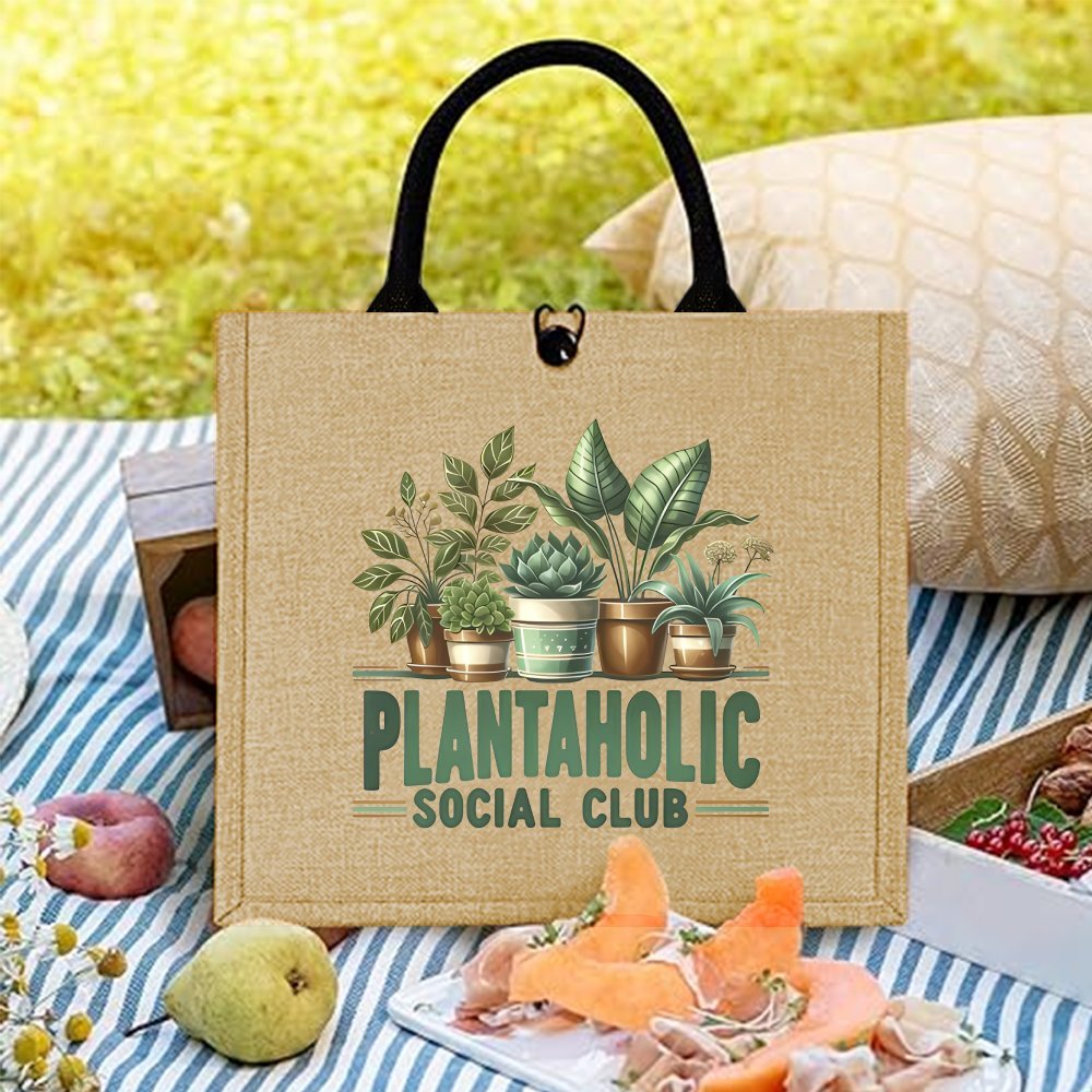 TEMU Jute Tote Bag, A Perfect Gift For Plant Enthusiasts, Featuring A Printed Design Of Potted Plants. This And Stylish Bag Is Durable, Making It