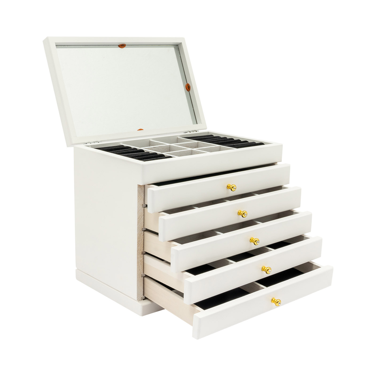 Image of White 6 Tiers Jewellery Box With Mirror | Wooden Table Top Desktop Jewellery Cabinet, Jewellery Case For Bedroom, Living Room, Dressing Room, Size 30*19*25cm/*7.48*9.84in