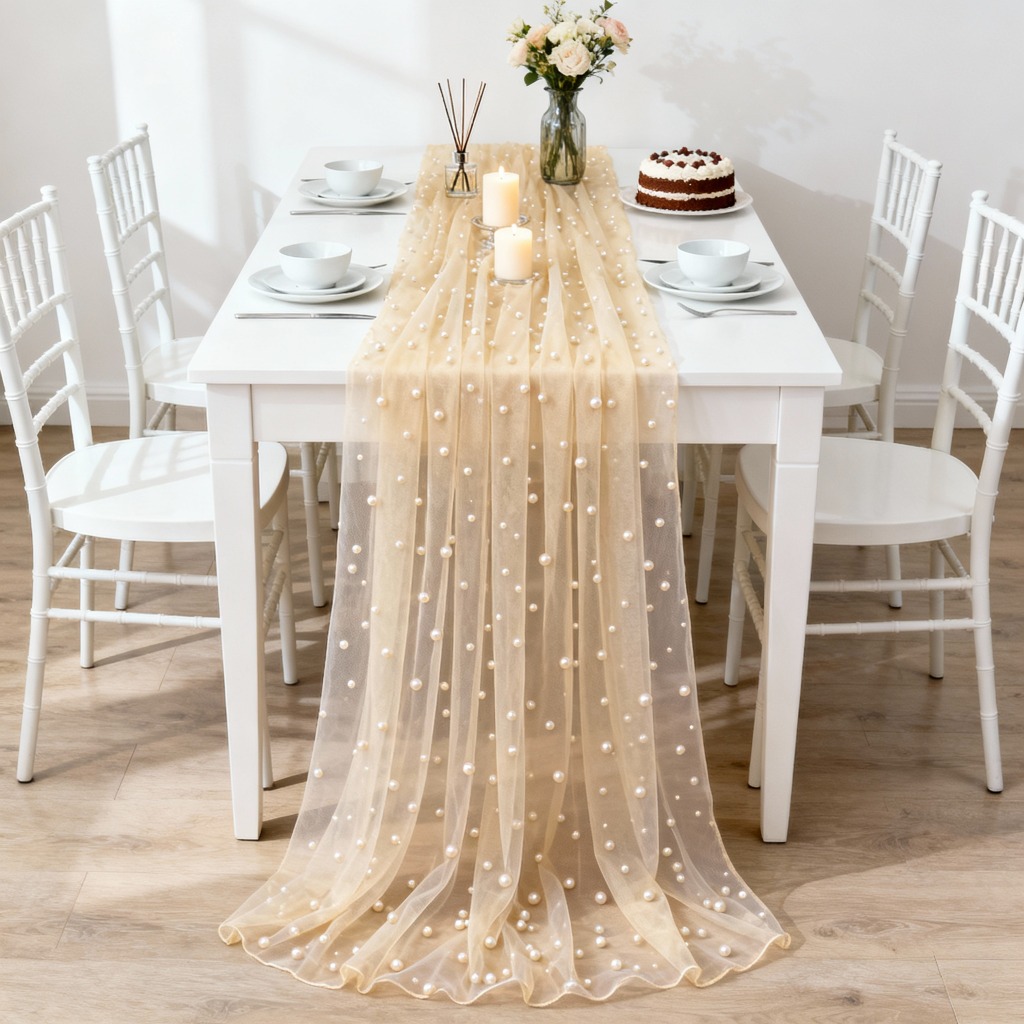 Image of 1pc Luxurious -colored Pearl Table Runner Decor, Enhancing Atmosphere Of , Making Gatherings More . Suitable For Engagement Ceremonies, Business Appreciation Banquets, Villa Courtyard Gatherings