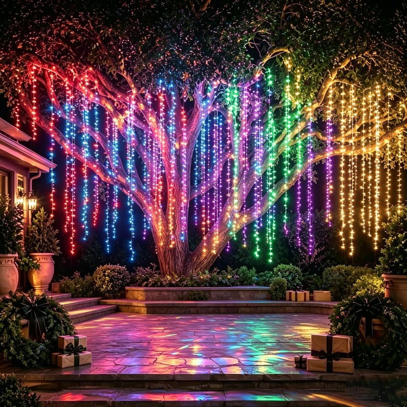 TEMU 320led Solar Curtain Light Strip, Waterfall Fairy Light String, Hanging Tree Shaped Flashing Light String, Outdoor Ip65 Suitable For Garden,