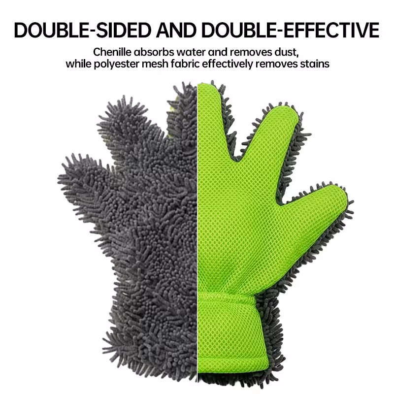 chenille thickened five wash gloves size 27 5 26cm 10 8 10 6in multi scene use dual sided car wiping and dust removal without damaging paint cleaning wheel hubs with mesh and foam green car wash gloves household dusting gloves Product details 4
