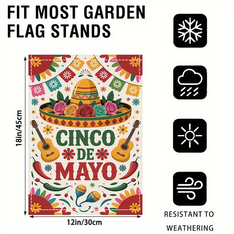TEMU 2d Flat, 2d Flat 1pc, De Mayo Illustration, Double-sided, Washable, Multi-functional Festive Yard Decoration Flag, 12x18 Inches, No Electricity