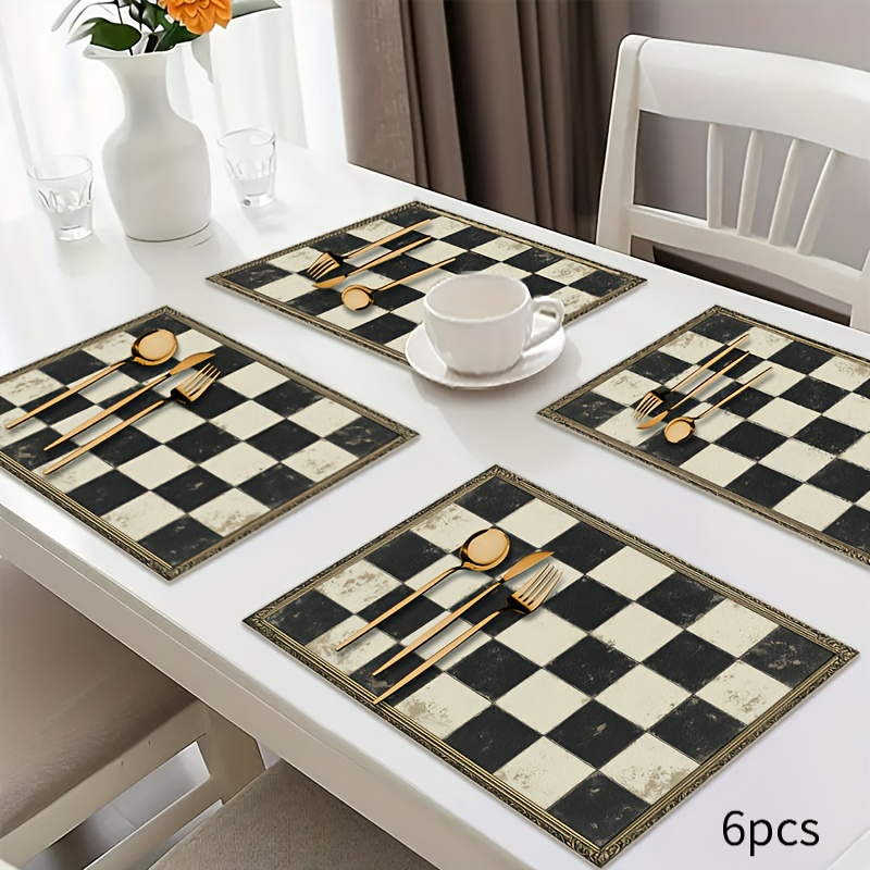 TEMU 2/4/6pcs Set Placemats, Checkered Placemats, High-quality Table Mats, Vintage Checkerboard Design Kitchen Table Mats, Black And Scheme, Elegant