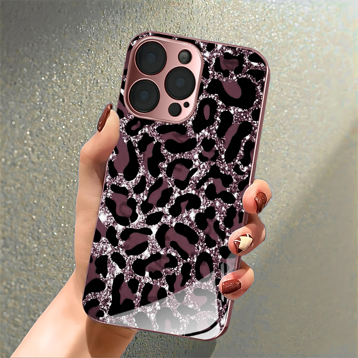 Etui za telefon - [2D ploski] , kul roza rjava leopardja vzorec posrebrena roza prevleka za telefon, primerna za Iphone Pro 17 Air 17 Pro 16 Pro