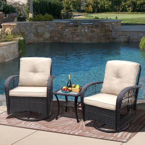 360 degree patio wicker swivel rocker chairs set outdoor rattan rocking bistro sets with cushions and table dark brown