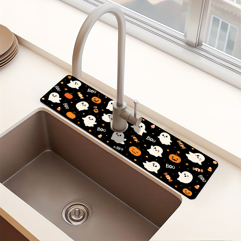 TEMU 1pc Pumpkins Candies On Black Pattern Faucet Pad Dish Drying Pad Absorbent Pad Suitable For Household Washbasins Kitchen Sinks Draining Pads