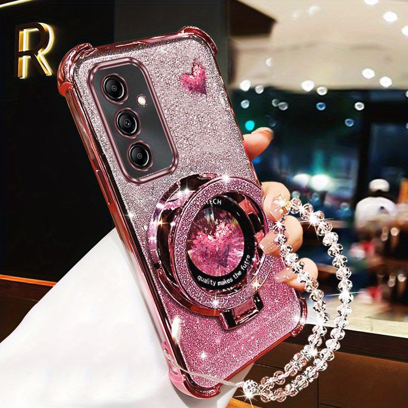 E-shop Handyhülle - A56 Elegante PC Kristall Rhombus Schlüsselband Handyhalter Hülle, kompatibel mit Samsung Galaxy A56, "Love in Pink" Petal Blossoms