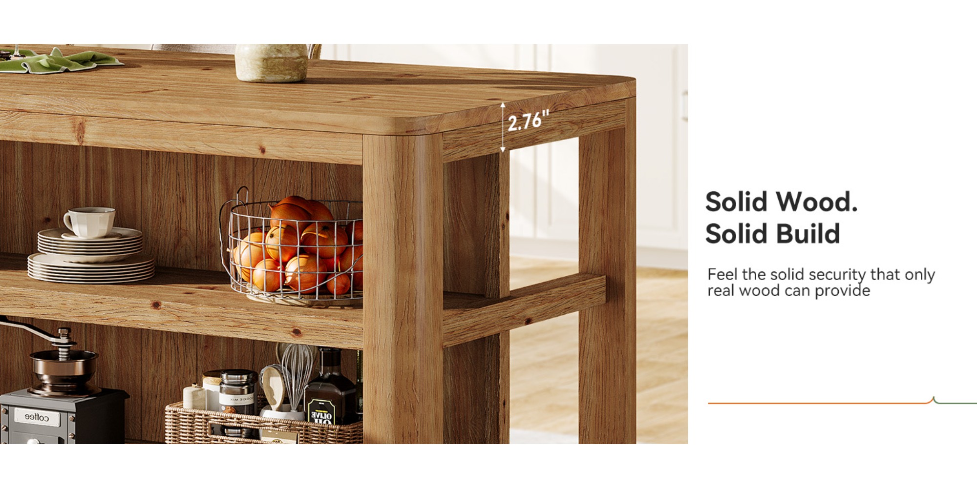 63-Inch Solid Wood Kitchen Island with Ample Storage Shelves, Farmhouse Style Kitchen Island Table with Seating, Counter Height Bar Table for Dining Room & Kitchen, Sturdy Construction & Easy to Assemble