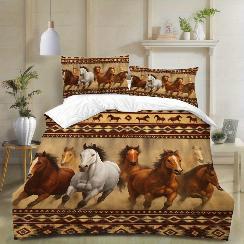 Set Of 3 Western-themed , Featuring A Rustic Design Duvet Cover Along With Pillowcases, Made From Soft Microfiber, Perfect For Home Bedrooms Or Guest Rooms, Showcasing A Pattern Of Wild Horses