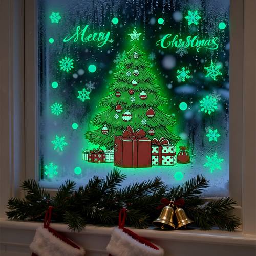 Artikelbild eine (30 * 30 cm) geschenkbox leuchtender weihnachts-wandaufkleber frohe weihnachten glasfenster fluoreszierender dekoraufkleber ycg16008-yj