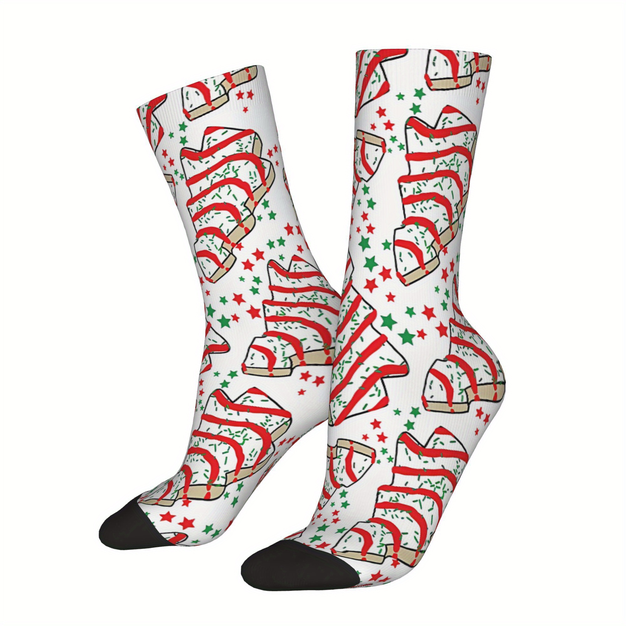 

1 Pair Men's Christmas Tree Cake Printed Socks, Vintage Hip Hop Crew Socks, Unisex Socks, Seamless Knit, Polyester & Spandex, Funny Novelty Gift, Hand Wash Or