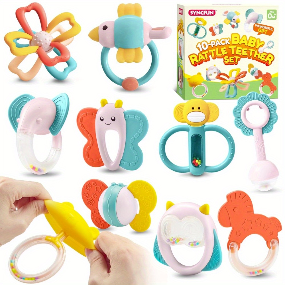 TEMU Syncfun 10-pack Baby Teething Toys With Rattles - Teethers For Infants 0-12 Months, Non-toxic Chew Toys With Animal Shapes (bird, , Elephant),