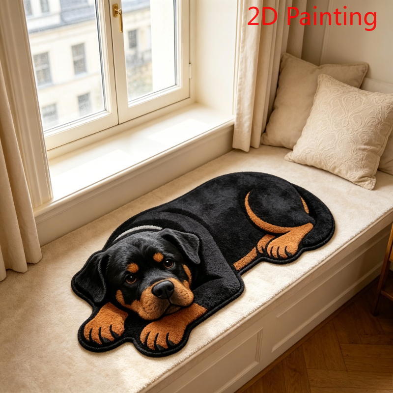 TEMU 1pc 2d Painting Rug, Imitation Cashmere-like Imitation Cashmere 900g + 9mm, Cute And Creative Rottweiler Plush Rug, Irregular Shape, For Bedroom