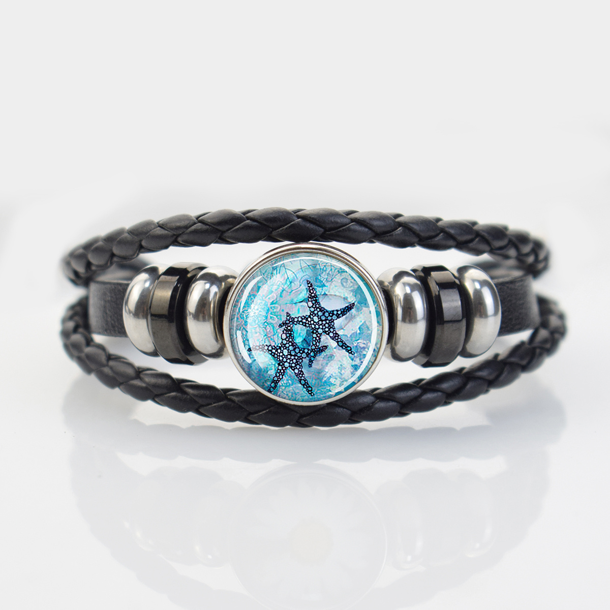 Ocean-Themed Black Braided Bracelet with Marine Animal Patterns
