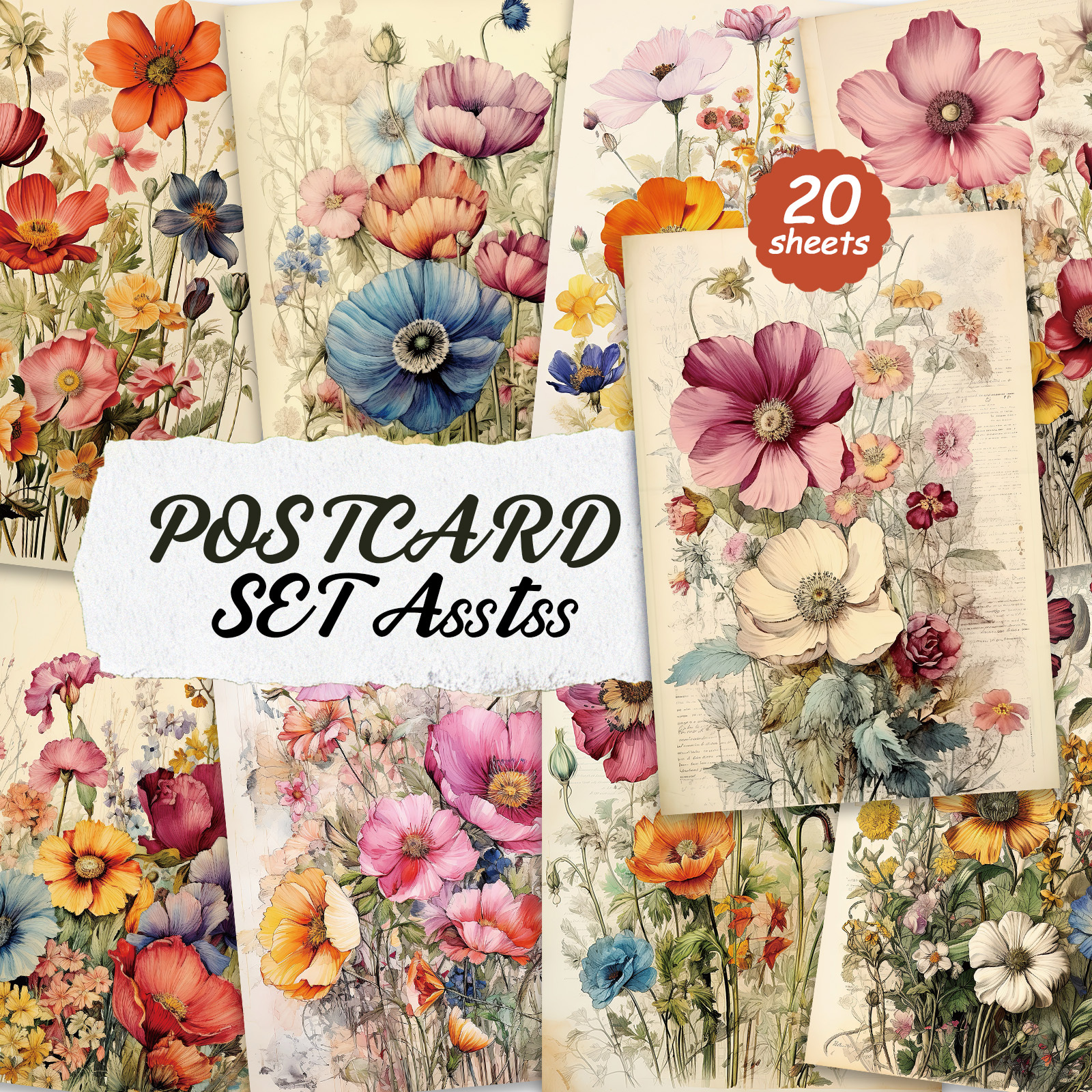 TEMU 20-pack Asstss Watercolor Spring Wildflowers Postcards - 4x6 Inches Junk Journal Paper, Classic Pinup Illustrations Collectible Decorative