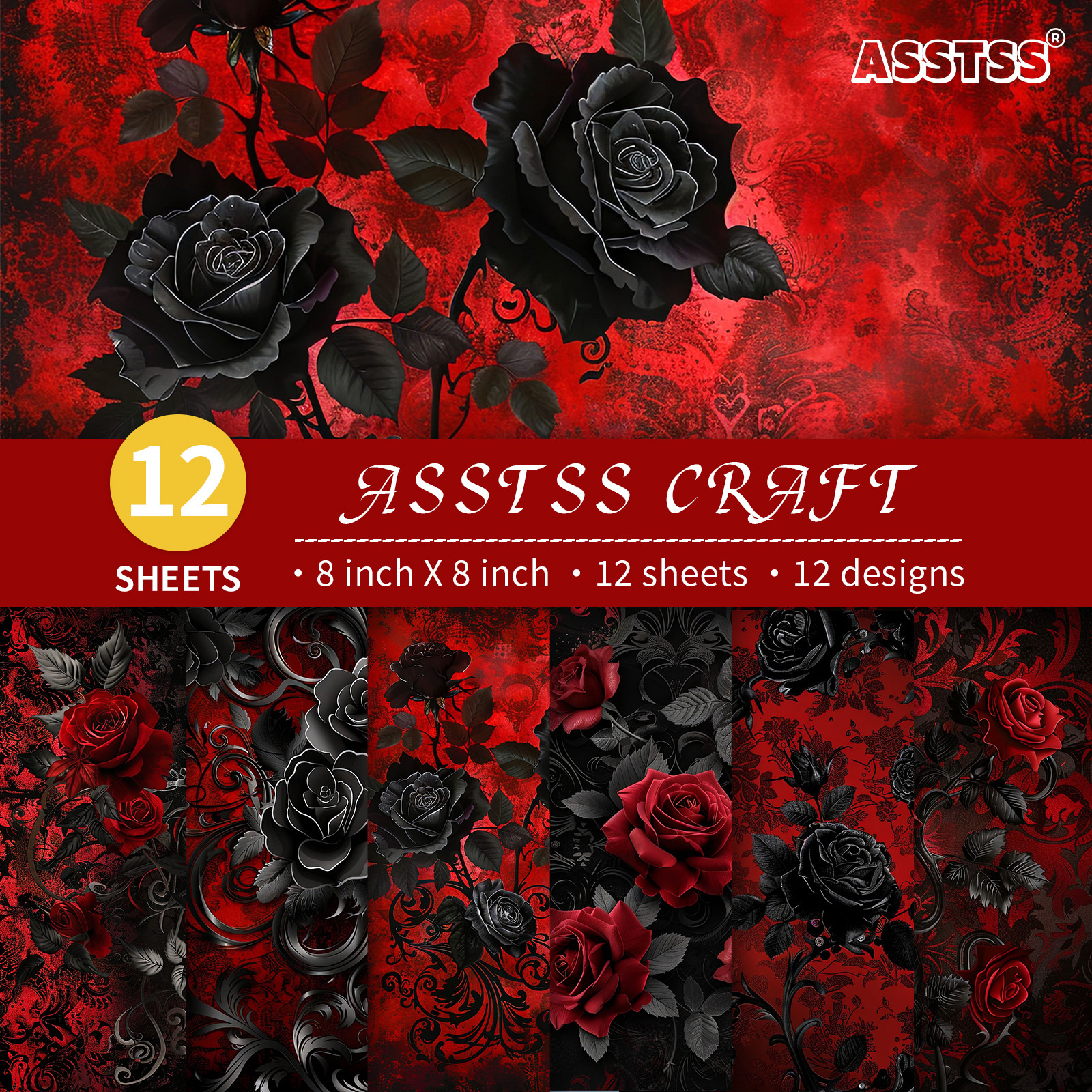 TEMU Lot de 12 feuilles de papier scrapbooking ASSTSS de 8 x 8 pouces, papier de base style gothique roses noires et roses rouges pour Halloween,