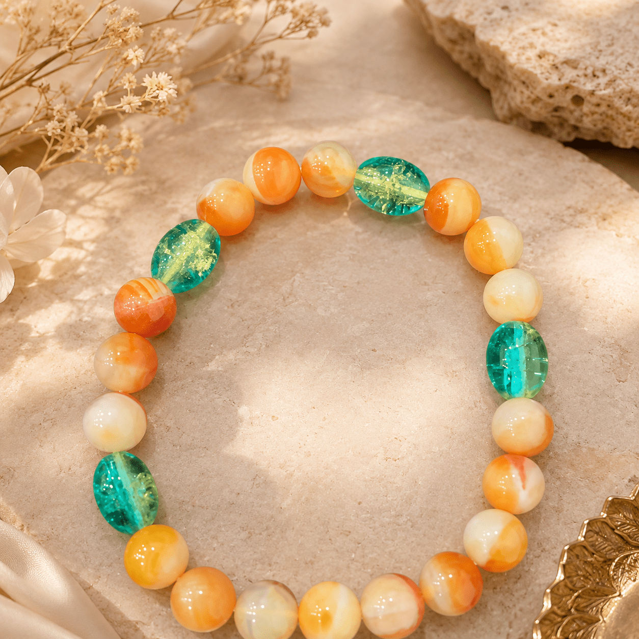 Orange-Yellow Gradient Swirl Bead Bracelet, Retro Style