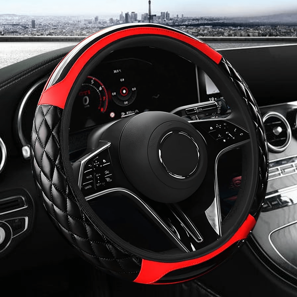   carbon fiber double crescent steering wheel cover comfortable cushioning design faux leather protects   wheel cover suitable for 14 5 15 inch steering wheels breathable and non slip car steering wheel cover