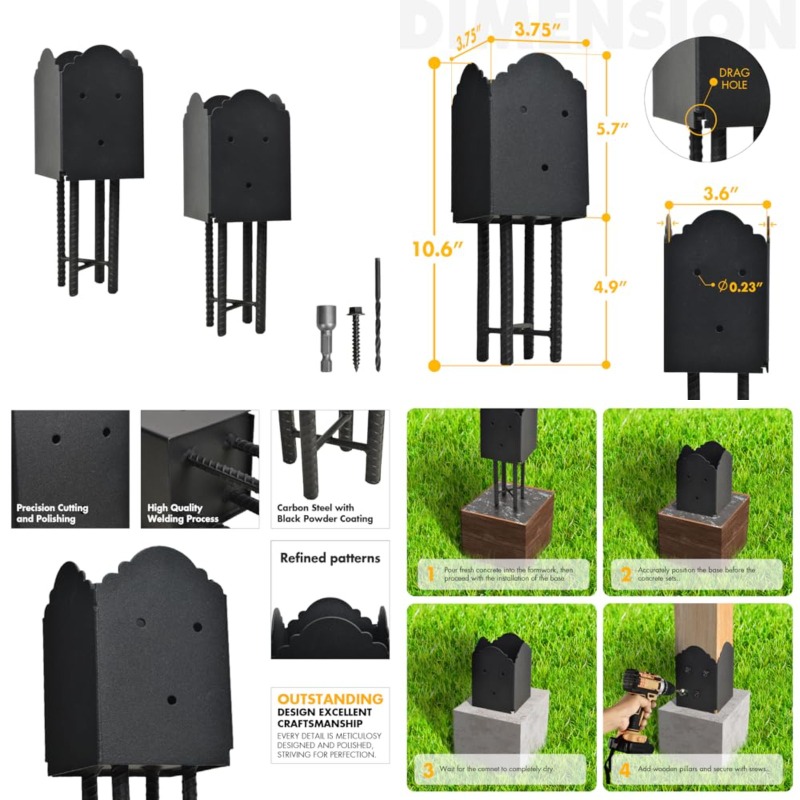 4x4 Post Base Holder Ground Spike For Concrete Decks – Black Powder-Coated Steel, Fits 3.5in Wood Posts, 4-Pack