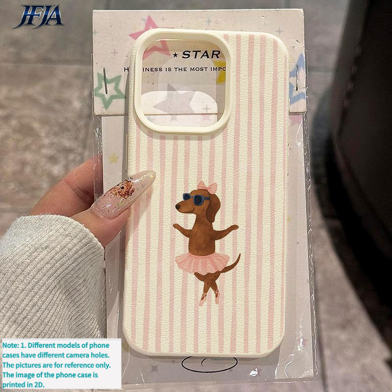 TEMU Phone Case - [2dflat]pink And White Striped Background Ballet Dachshund Pattern Phone Case Suitable For