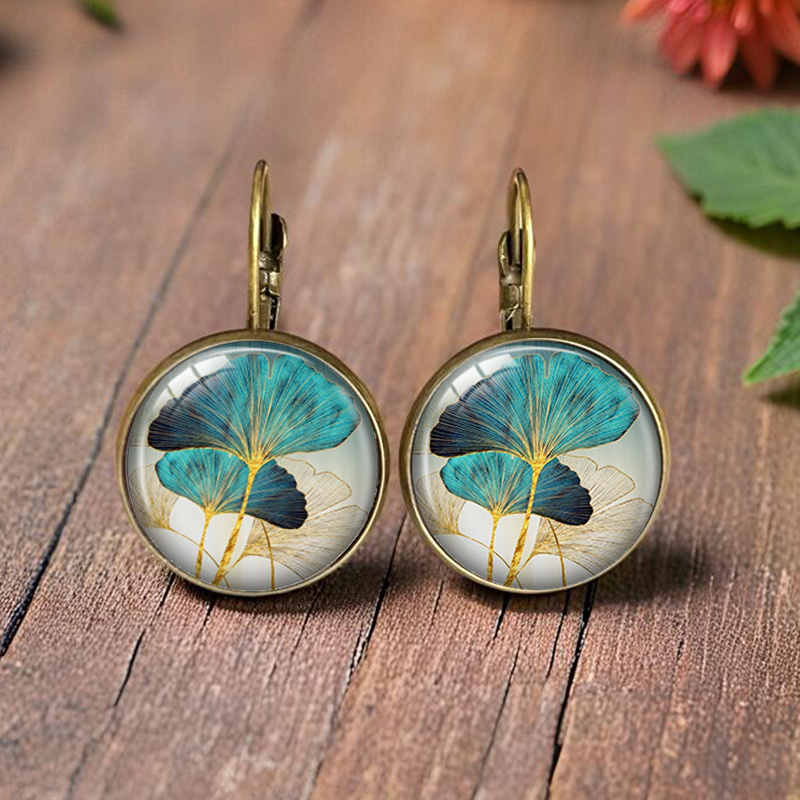 TEMU Boucles d'oreilles rondes en verre illustrées de feuilles de ginkgo bleues et blanches de style , bijou de mode, cadeau