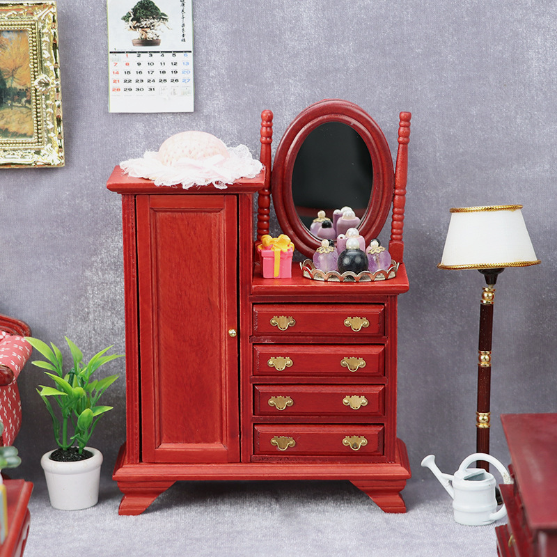 

1pc 1:12 Scale Dollhouse Furniture, Red Wooden Dresser With Vintage Vanity Mirror And Drawers, Miniature Bedroom Storage Cabinet For Dollhouse Decor