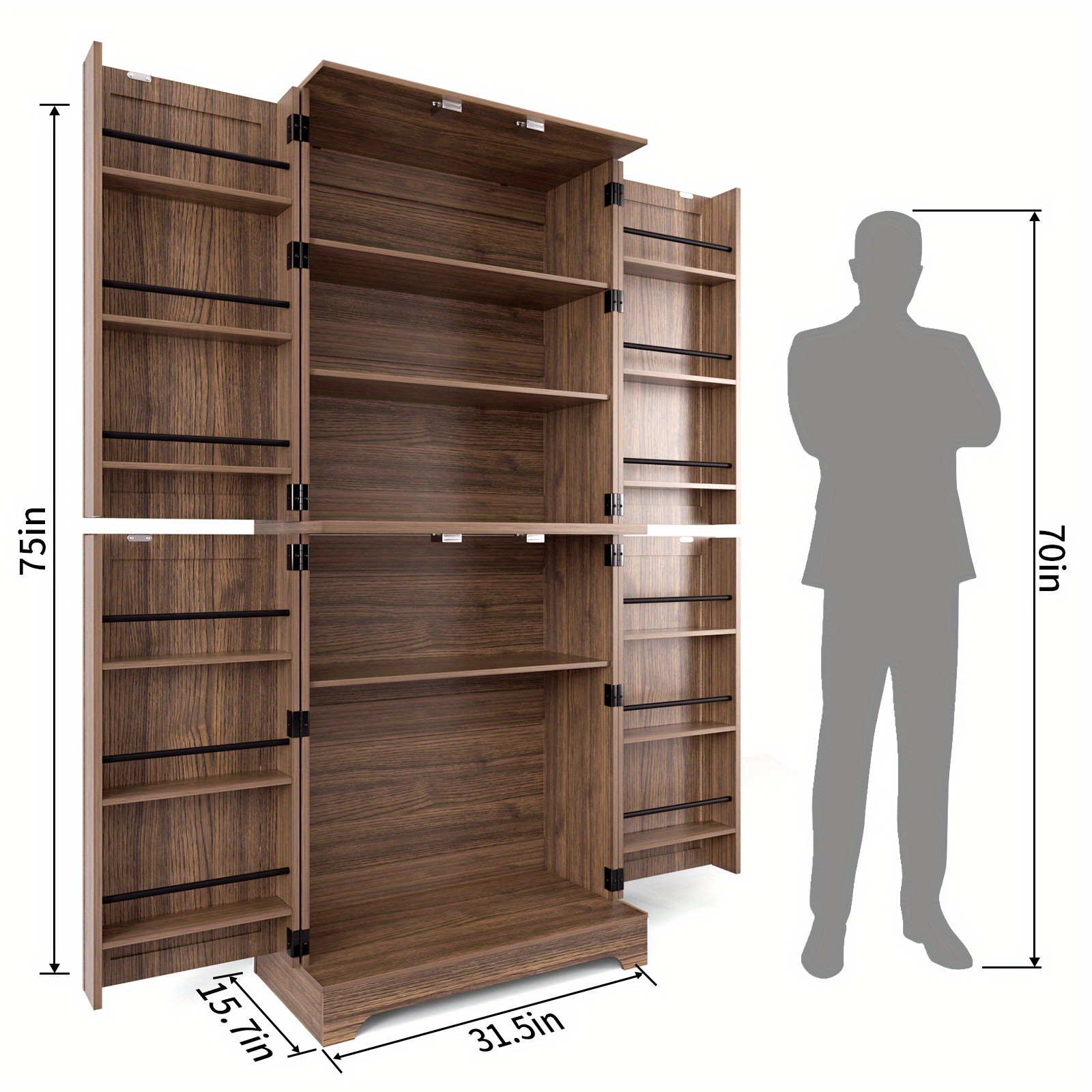 Farmhouse Tall Pantry Storage Cabinet - Freestanding Wood Cabinet with Adjustable Shelves, Brown
