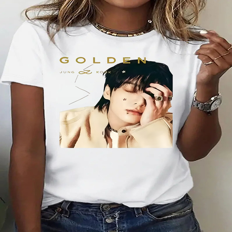 

1pc T-shirt décontracté à manches courtes pour femme avec imprimé "GOLDEN ", % polyester tricoté, coupe confortable pour toutes les , vêtement polyvalent pour filles.