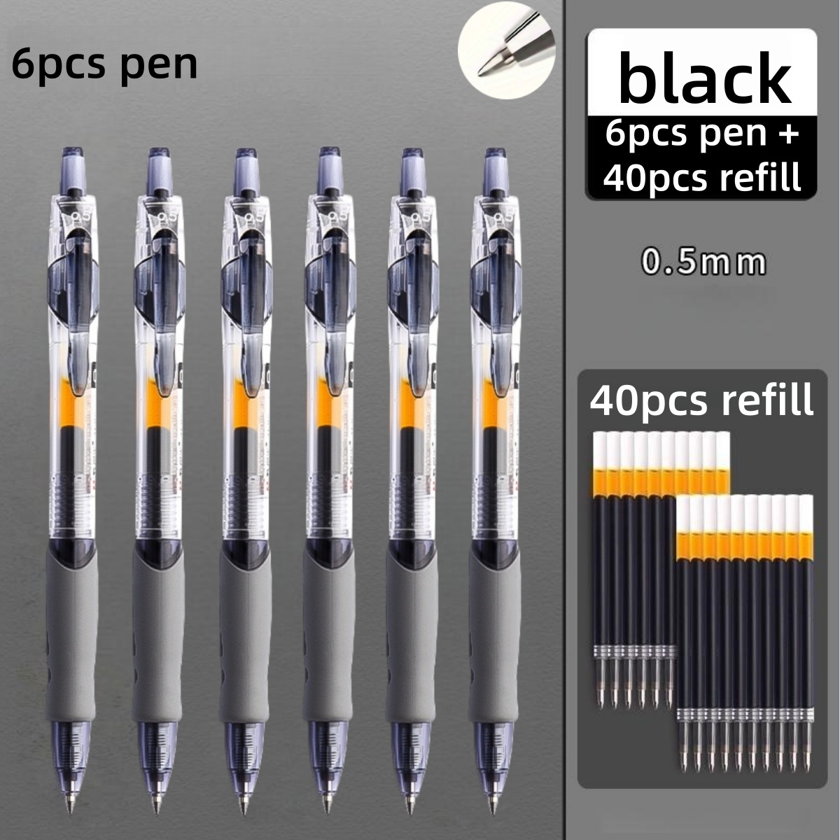 TEMU 46pcs 0.5mm Retractable Set Gel Pens, Black Ink, Writing Instruments, Office Supplies, Gift, Includes 6 Pens + 40 Refills